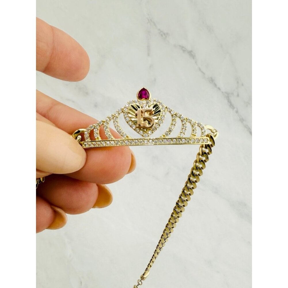 Real 10k Gold Bracelet Sweet 15 ❤️ 7.5” long - tiara quinceañera pulsera